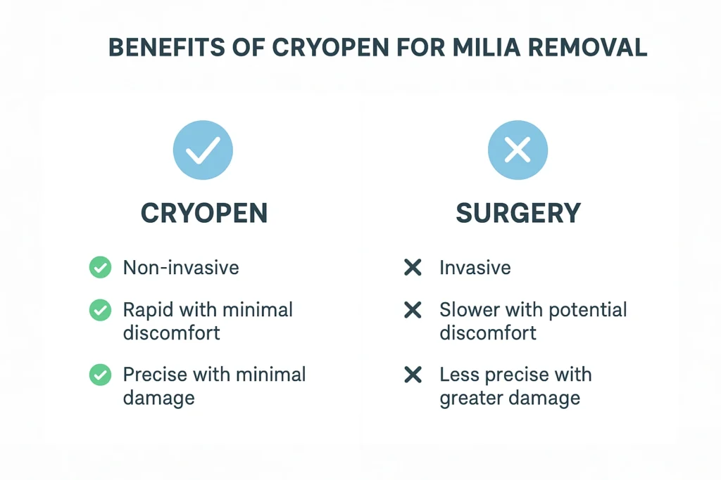 Benefits of cryopen for milia removal Wentworth compared to surgical treatments.