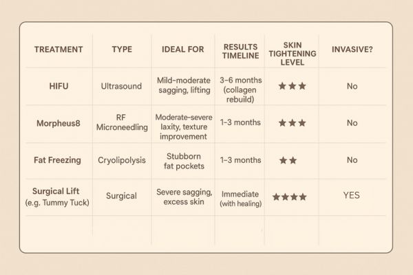 Table showing the comparisons of Skin tightening Wentworth treatment options.